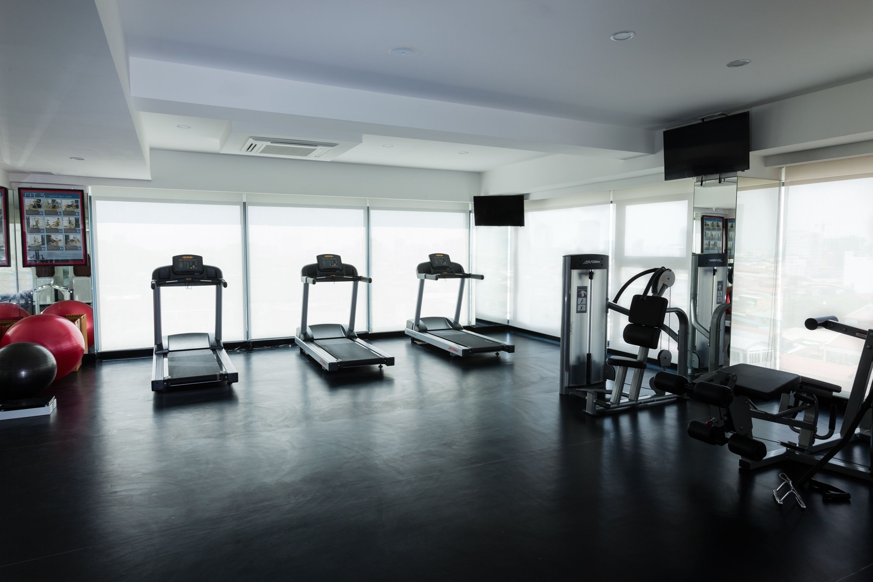 A gym with treadmills, exercise balls, and weight machines.