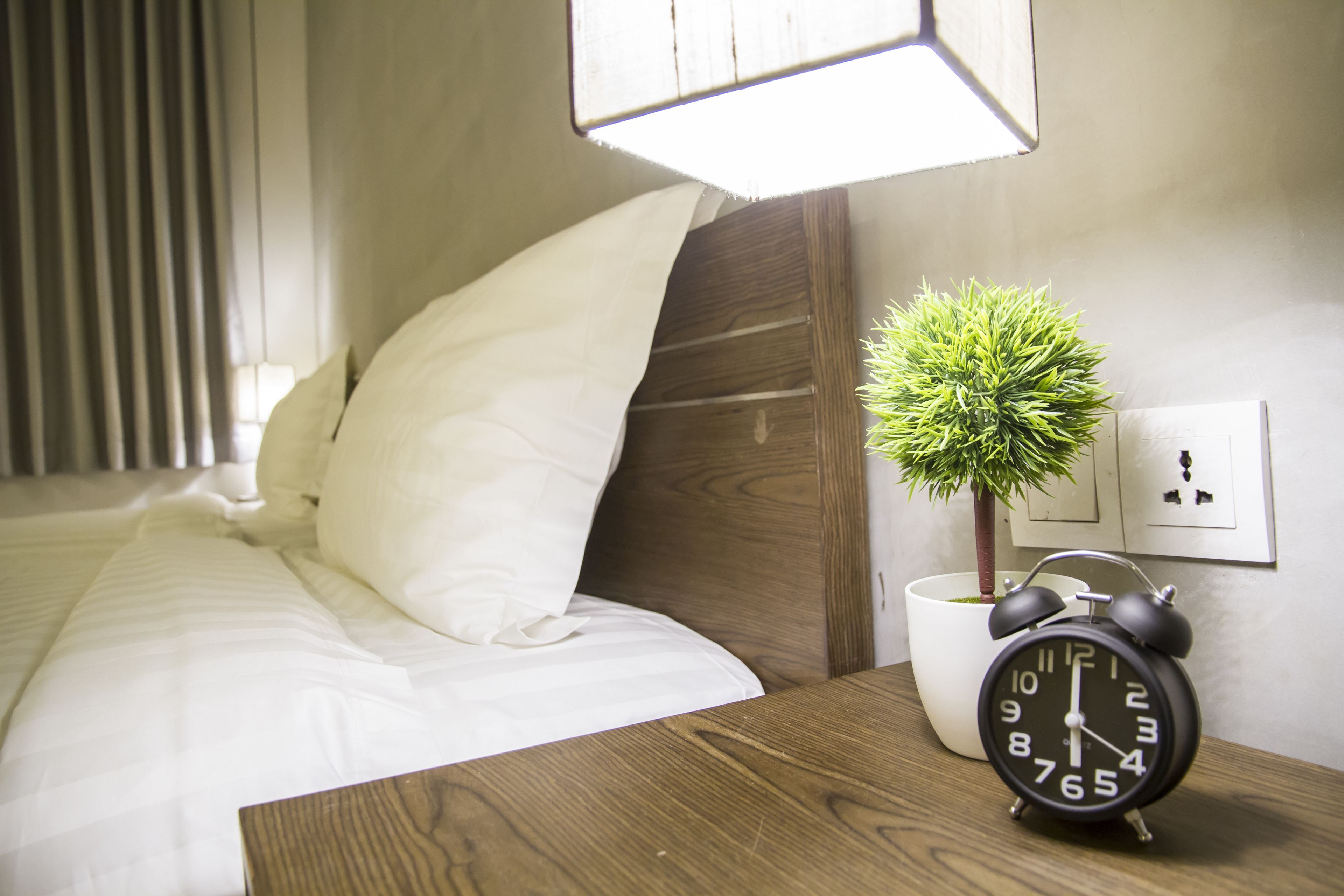 A neatly made bed with white bedding, a bedside table with a black alarm clock, a potted plant, and a wall socket.