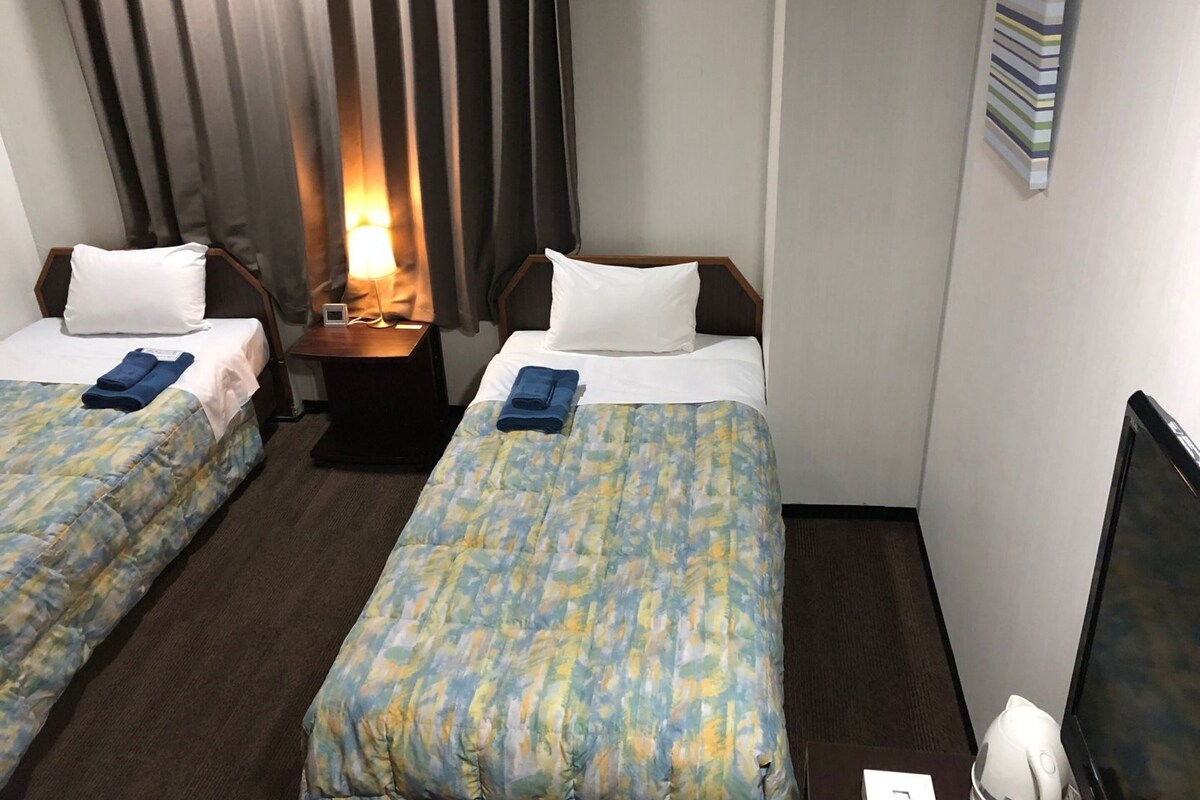 A hotel room with two single beds, a bedside table with a lamp, a TV, and a wall-mounted shelf.