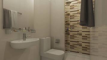 Douche, douche à « effet pluie », articles de toilette gratuits