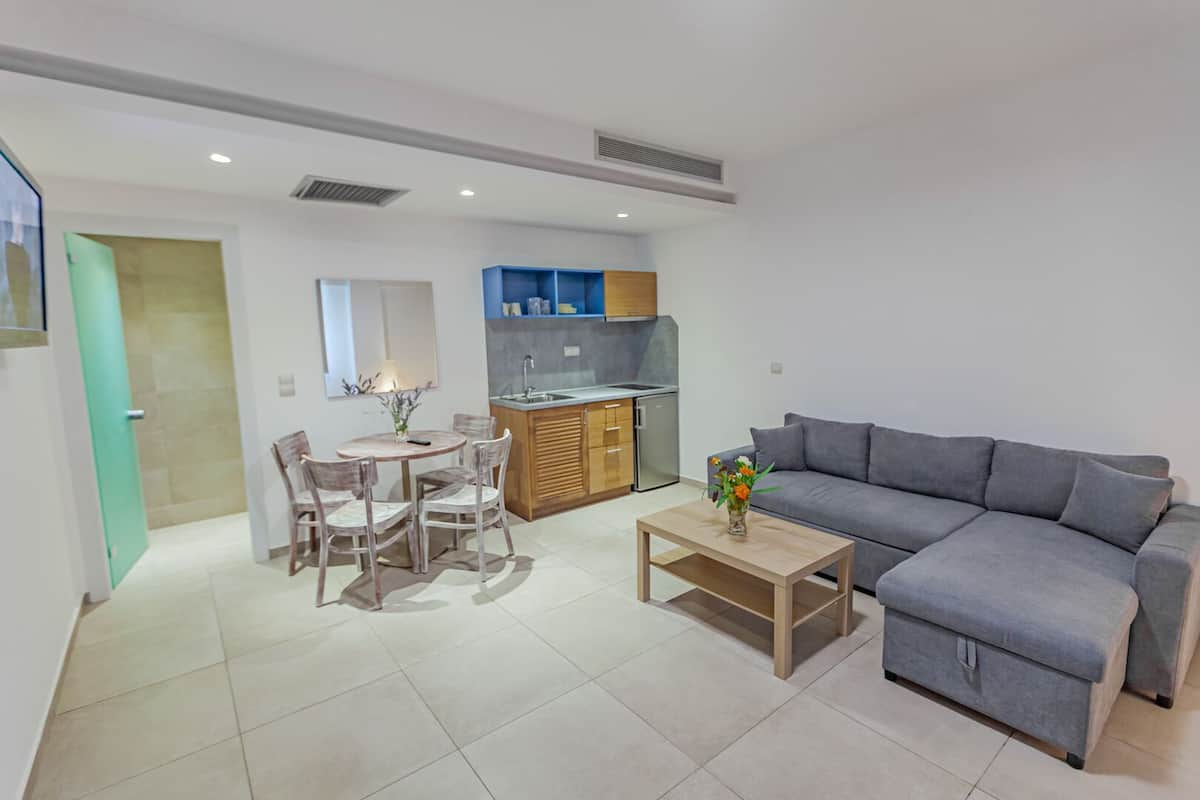 deluxe suite, garden view | living area | flat-screen tv