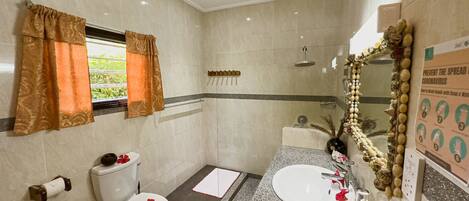 Un baño con inodoro, bidé y lavamanos, ducha y espejo con detalles decorativos.