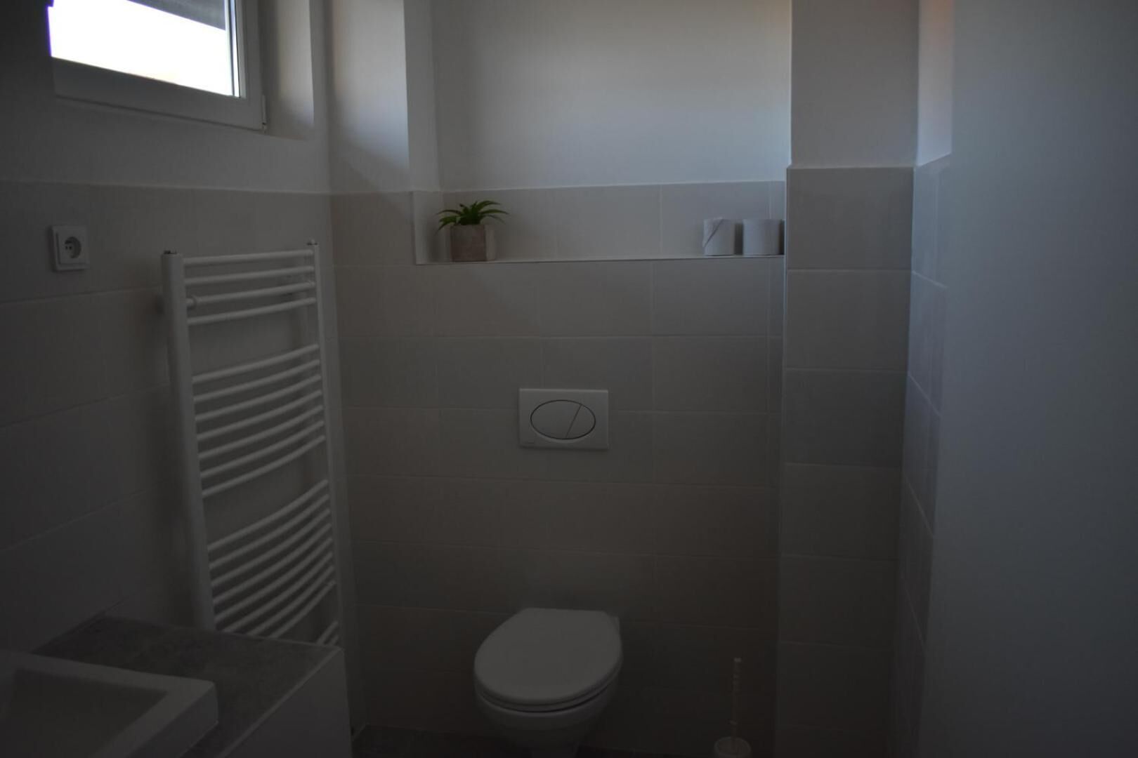 Et lille, svagt oplyst badeværelse med toilet, et håndklædetørrestativ og en lille hylde med en plante.