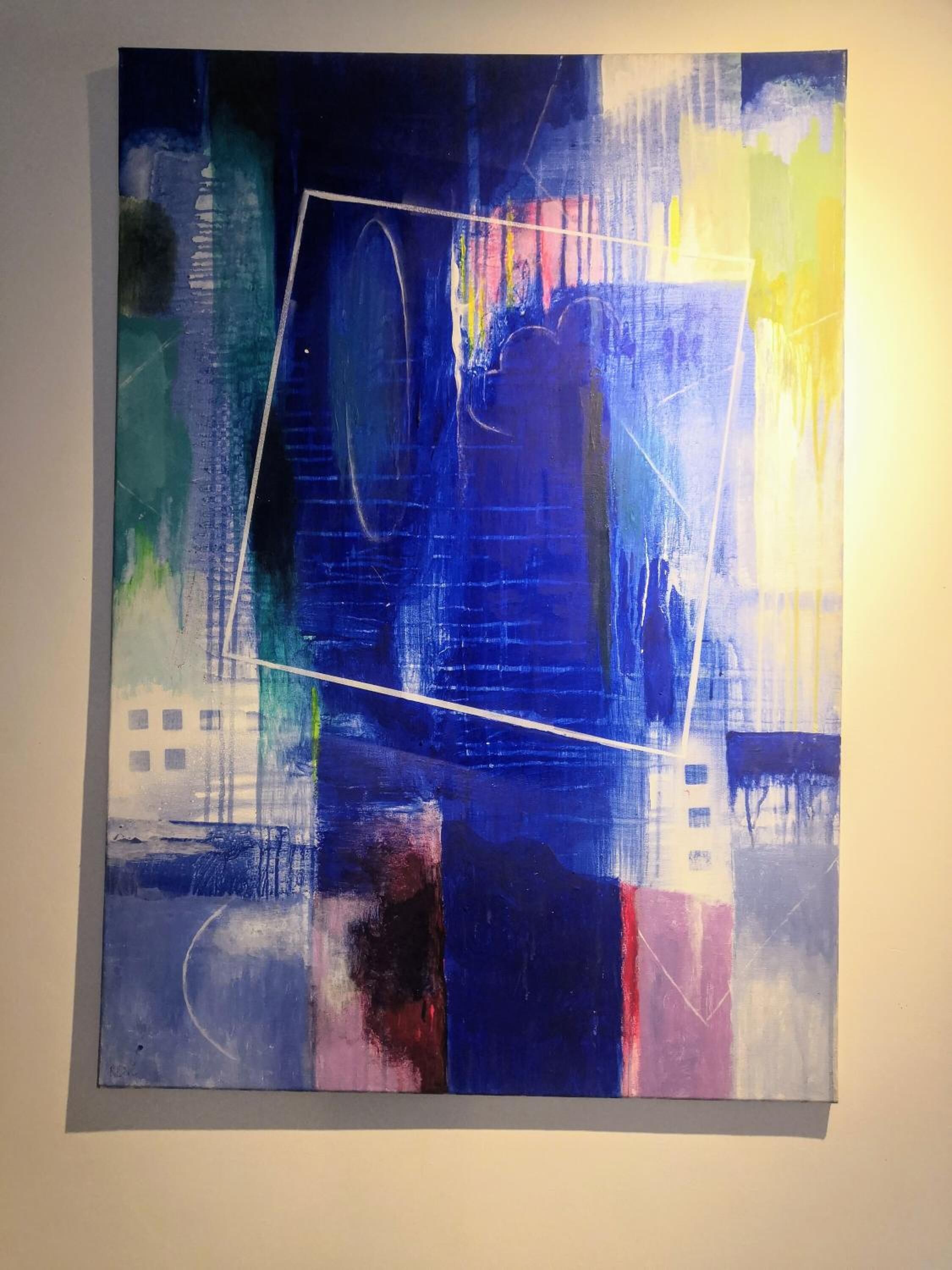 A painting with abstract shapes and lines in blue, yellow, and red.