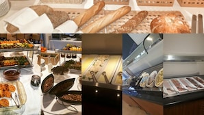 A buffet with various food items including pastries, fruits, and condiments. - Aparthotel Miramare (Makarska)