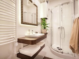 Shower, free toiletries, hair dryer, towels