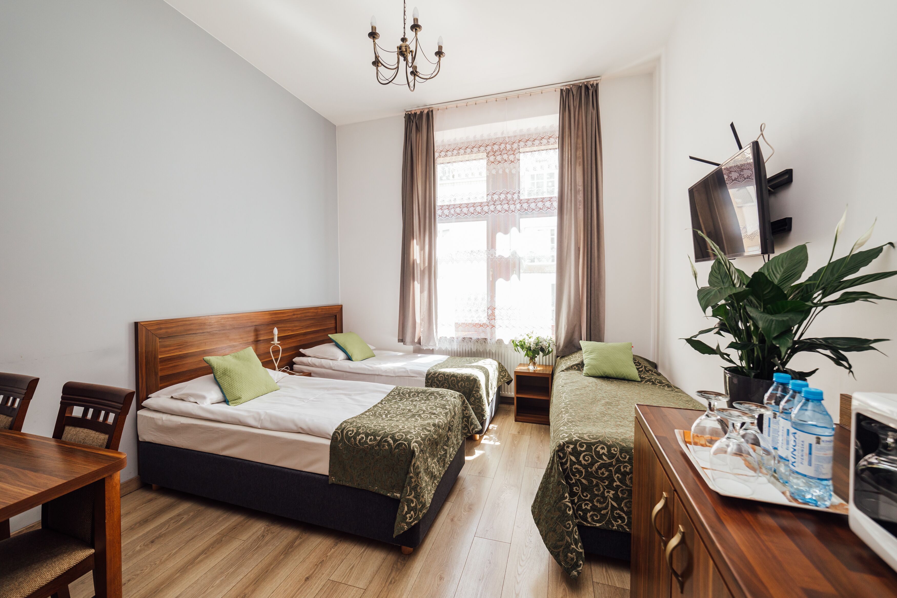 Una habitación de hotel con dos camas, un escritorio de madera, un televisor y una planta en maceta.