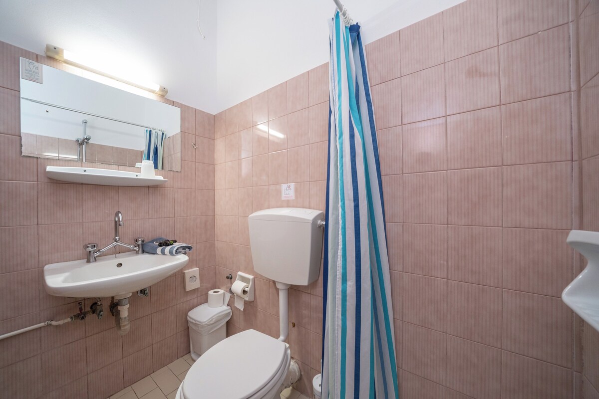 A bathroom with a sink, mirror, toilet, and shower curtain.
