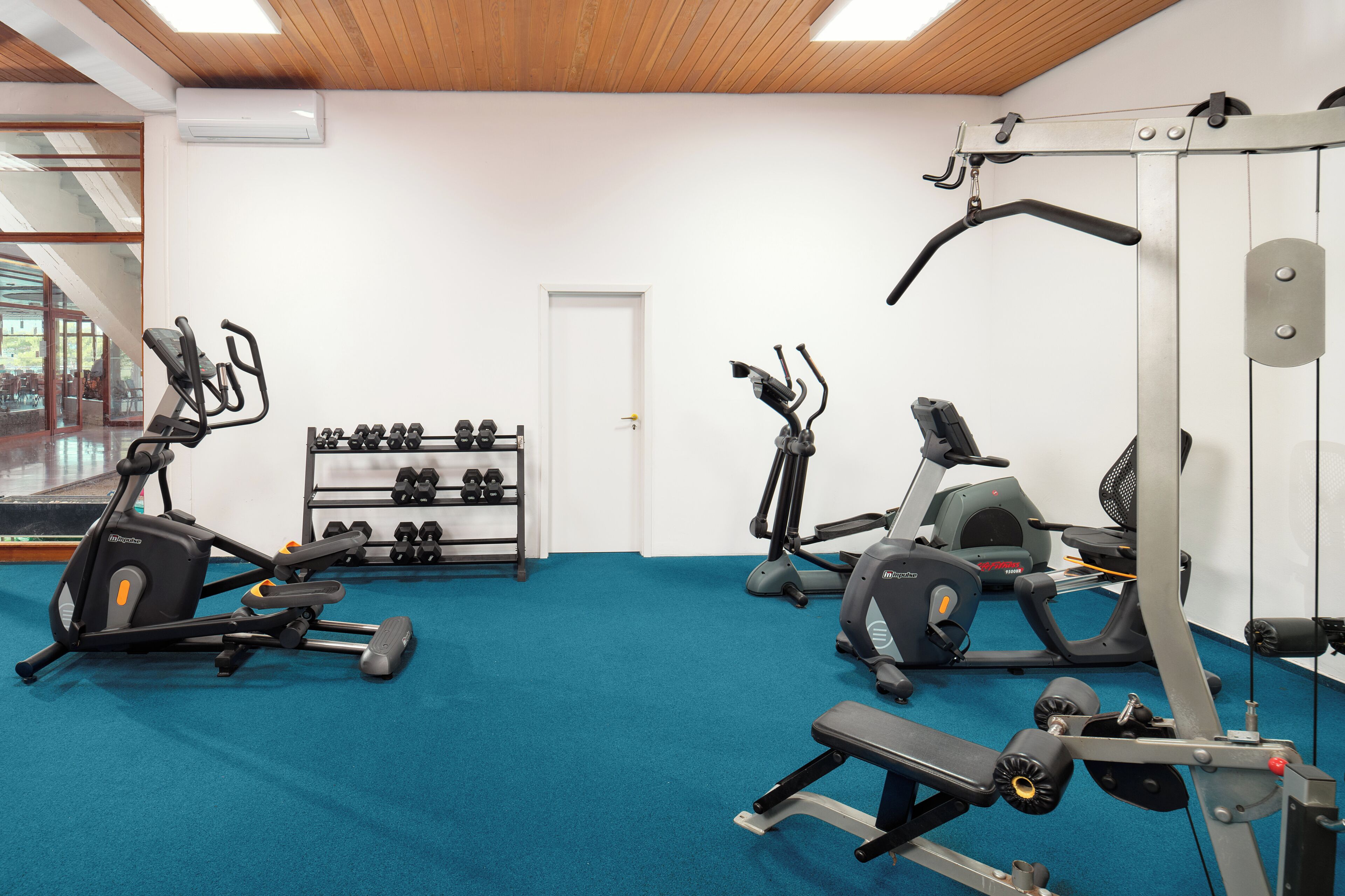 Een sportschool met trainingsapparatuur, een halterrek en een deur.