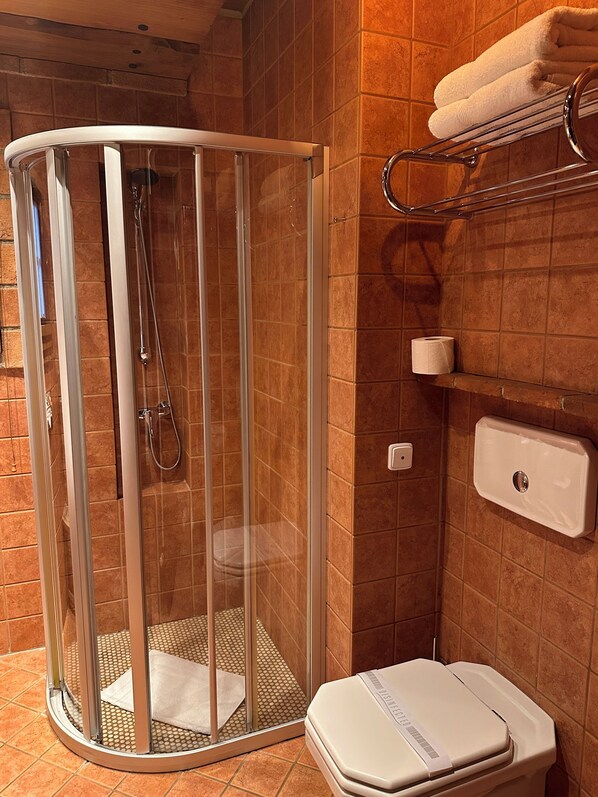A shower enclosure with a glass door, a toilet, and a towel rack with towels. - Romantik Hotel U raka (Prague)