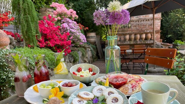 Une table dressée à l’extérieur, sur laquelle on trouve une variété d’aliments, notamment des pâtisseries, des fruits et des boissons, avec un jardin et un mur de briques en arrière-plan.