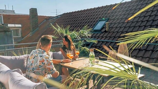 Une terrasse sur le toit, avec une table, des chaises et des plantes en pot.