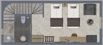 Distribución de una habitación de hotel con dos camas, baño, un pequeño espacio de descanso y vistas al exterior.