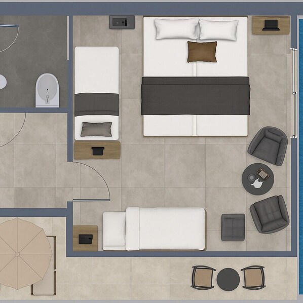 A hotel room layout with a bed, bedside tables, a sofa, a dining area, and a small bathroom. - Swandor Hotels & Resorts - Kemer - All Inclusive (Kemer)