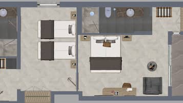 Distribución de una habitación de hotel con dos camas, un escritorio, un sofá, un baño y zona de ducha.