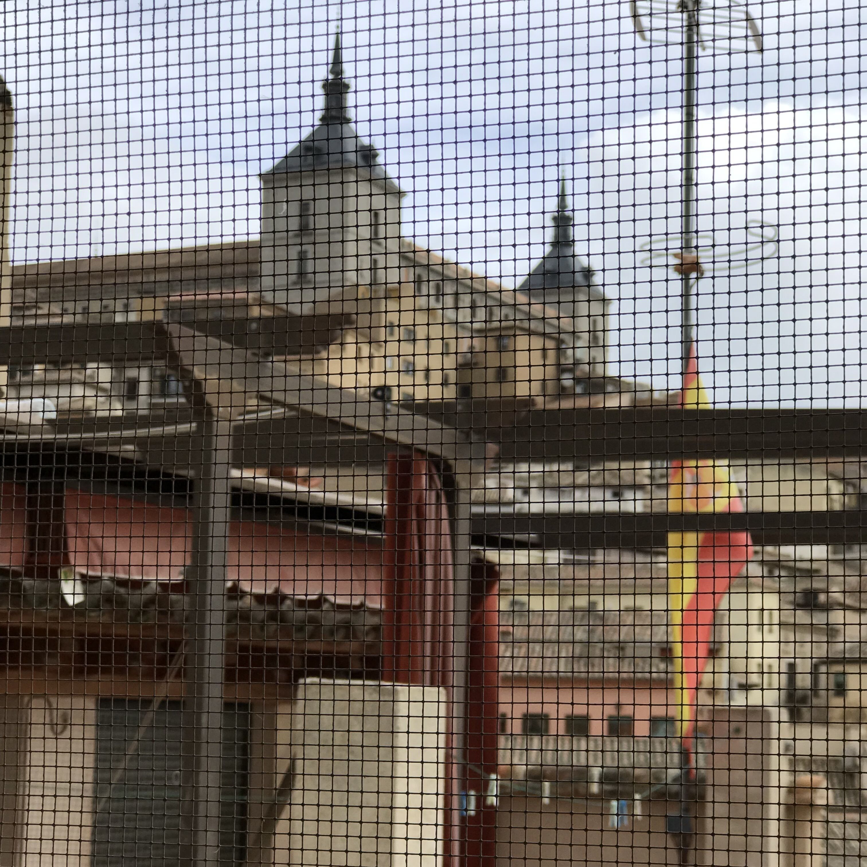 A building with a prominent tower and a smaller dome, viewed through a wire mesh.
