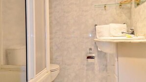 Ein Badezimmer mit Toilette, einer Duschkabine aus Glas, einem Waschbecken mit Spiegel und einem Handtuch auf dem Boden.