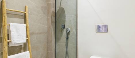 A shower area with a glass door, a wooden ladder, and a white toilet.