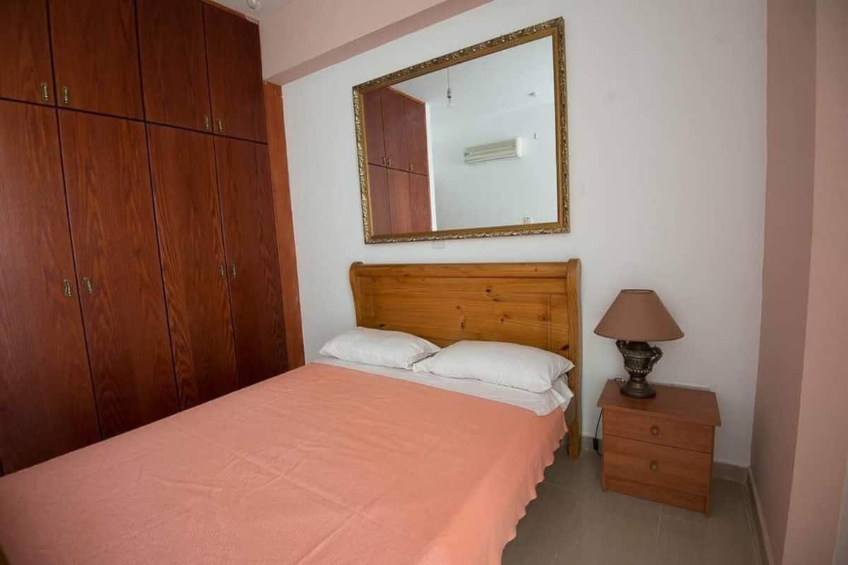 A bedroom with a wooden bed, a nightstand, a lamp, and a wardrobe.