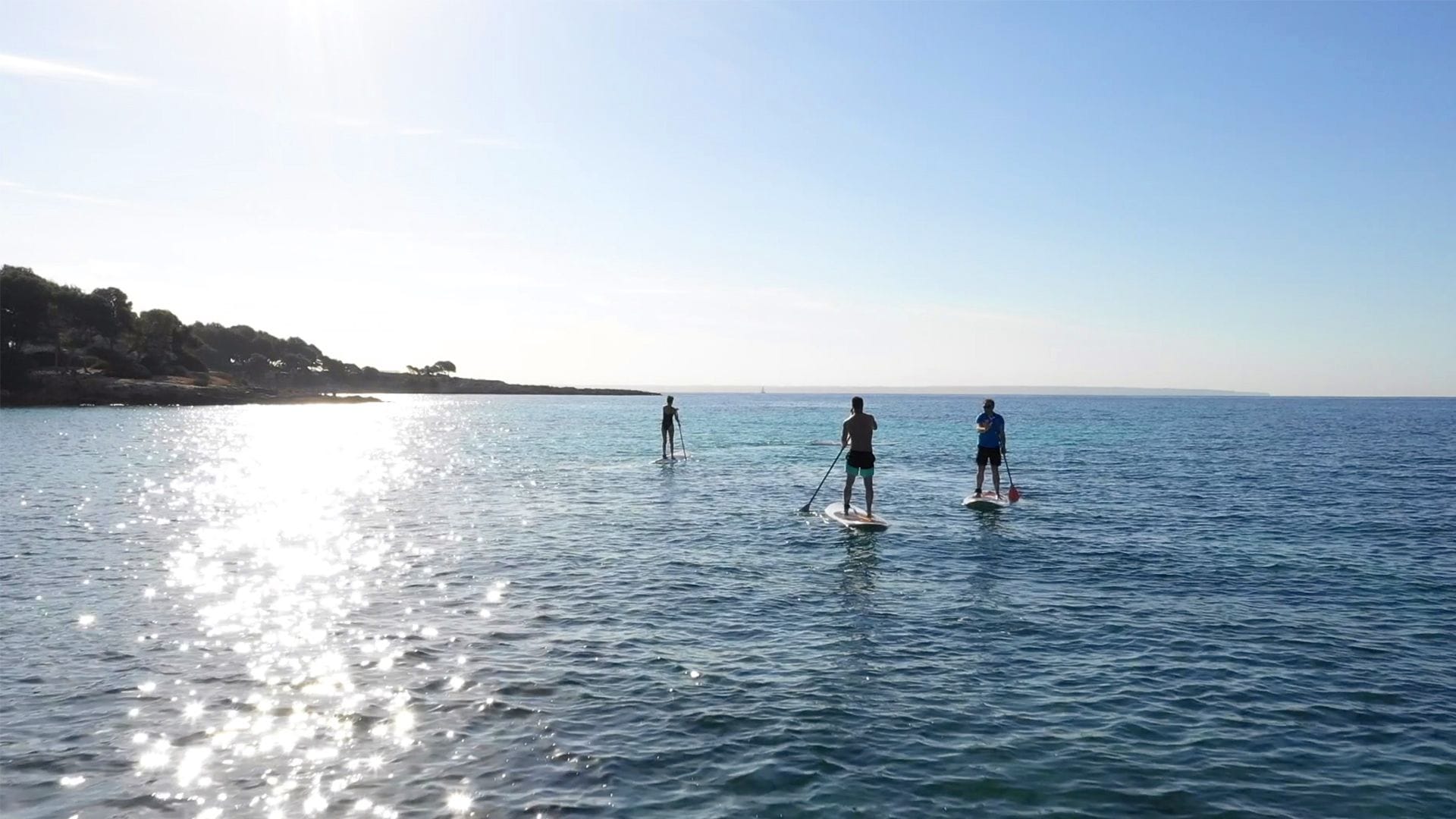 Three people paddleboarding on a calm sea with a clear sky.