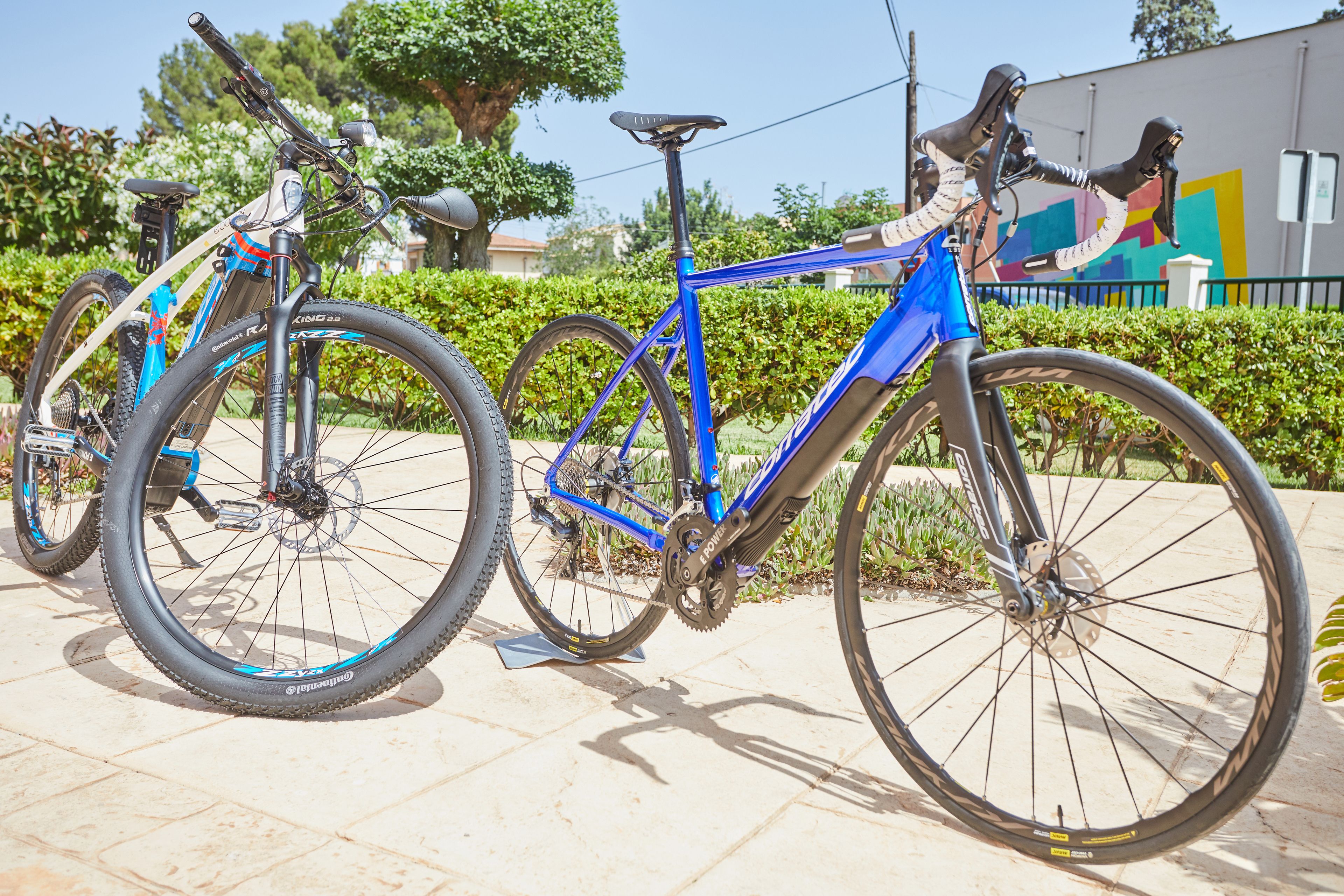 A bicycle parked on a paved surface with a hedge and a building in the background.