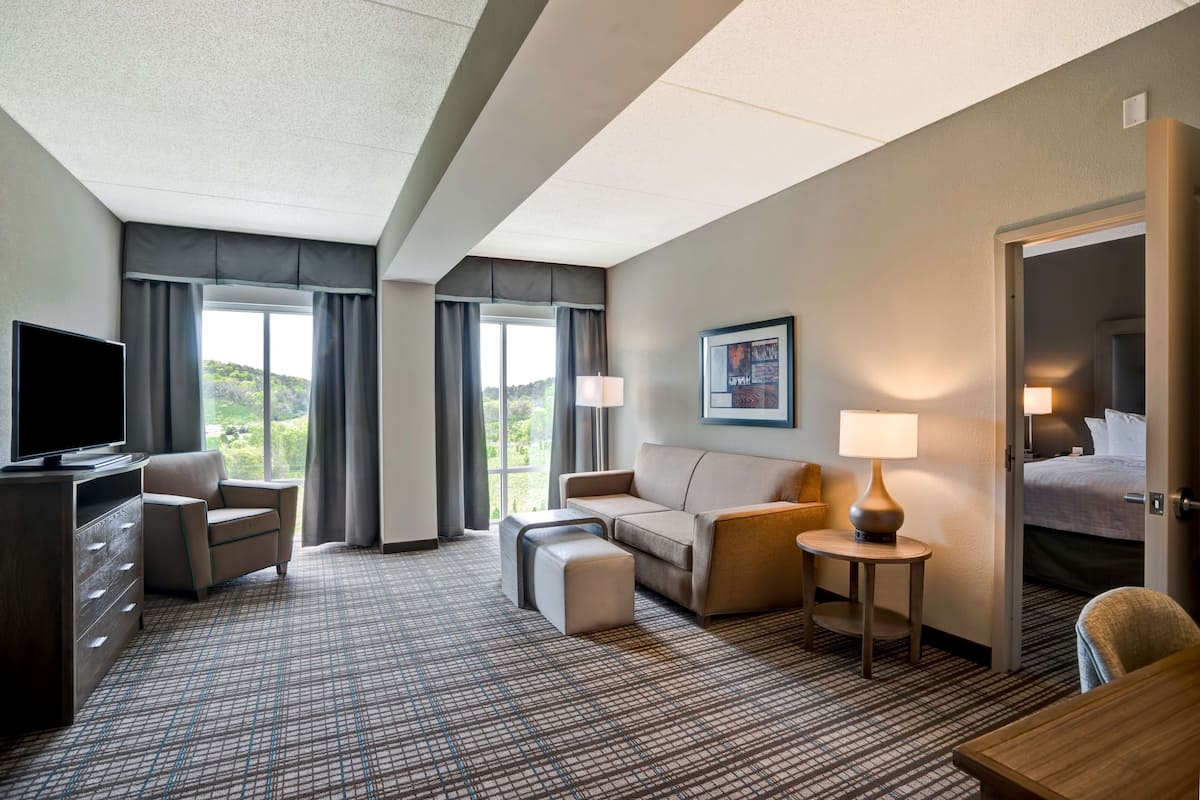 A hotel room with a large window, a flat-screen TV, a sofa, a small table with a lamp, and a bed.