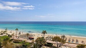 Une vue sur la plage, avec des palmiers, une plage de sable et un ciel bleu dégagé.