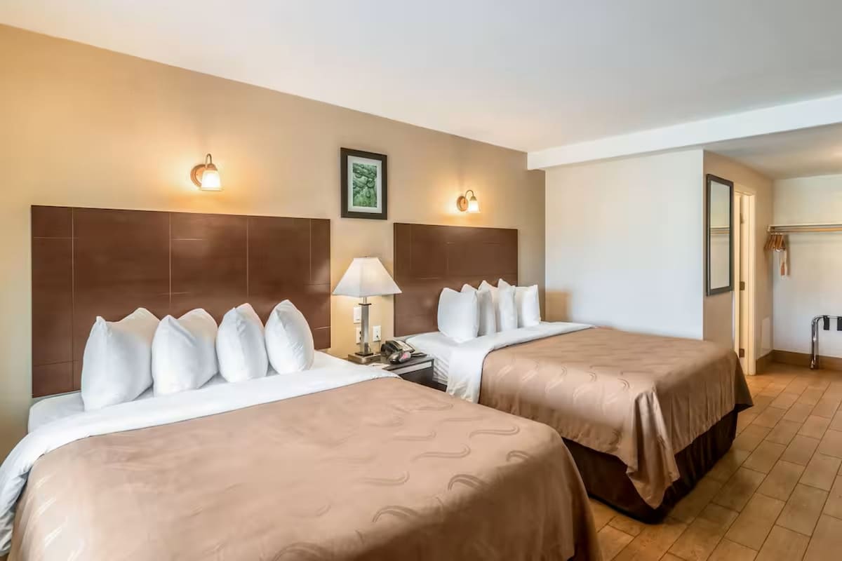 A hotel room with two beds, each with a headboard and pillows, a bedside table with a lamp, and a framed picture on the wall.