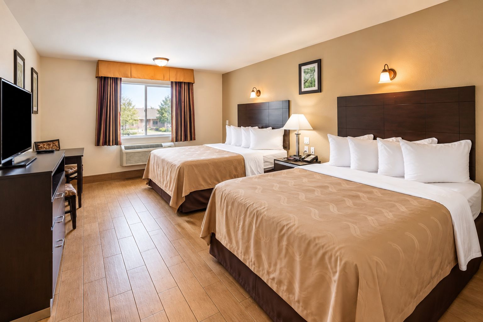 A hotel room with two beds, a desk, a TV, and a window with curtains.
