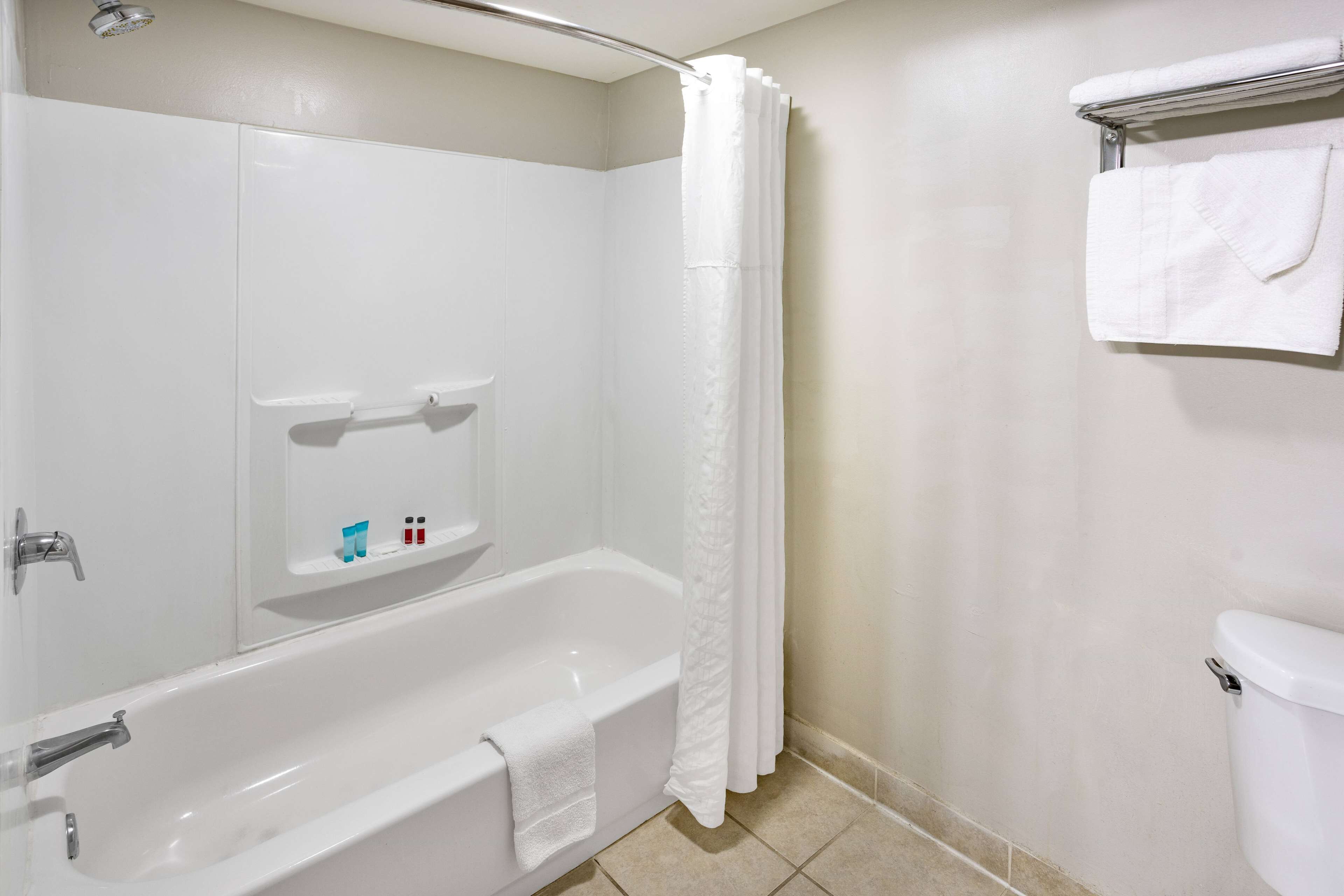 A bathroom with a bathtub, a toilet, a shower curtain, and a towel rack with a towel.