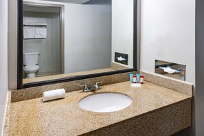 Bathroom features a granite countertop, sink, and mirror, with a towel rack and toilet nearby.