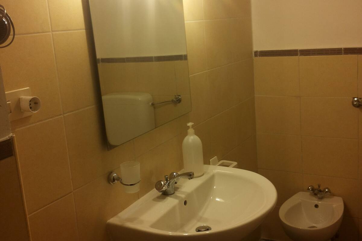 A bathroom with a white sink, a mirror, a toilet, and a bidet.