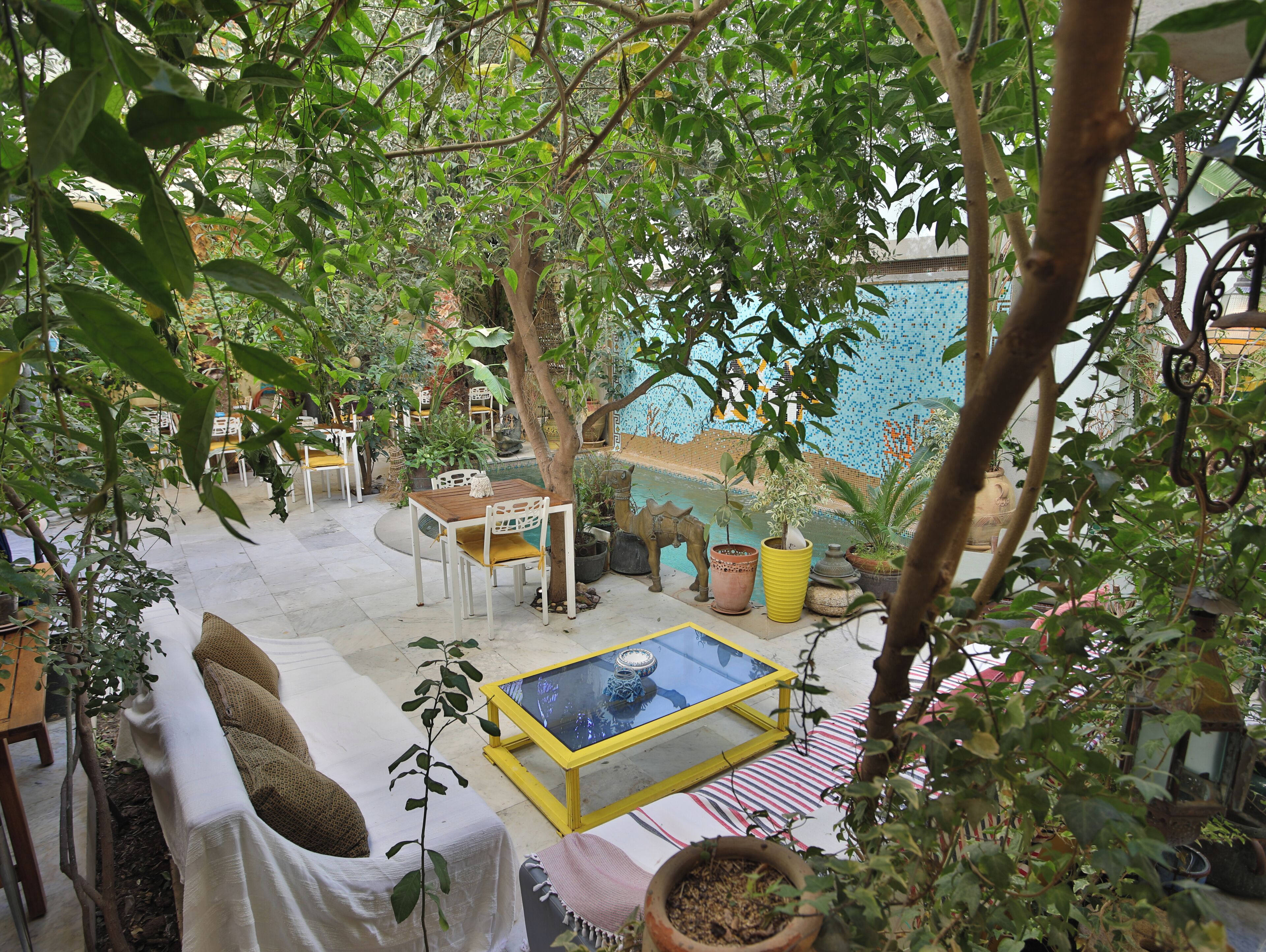 Un espace extérieur aménagé avec des tables et des chaises, entouré de plantes en pot et d’une piscine.