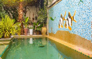 Una piscina con mosaicos y plantas en macetas a su alrededor.