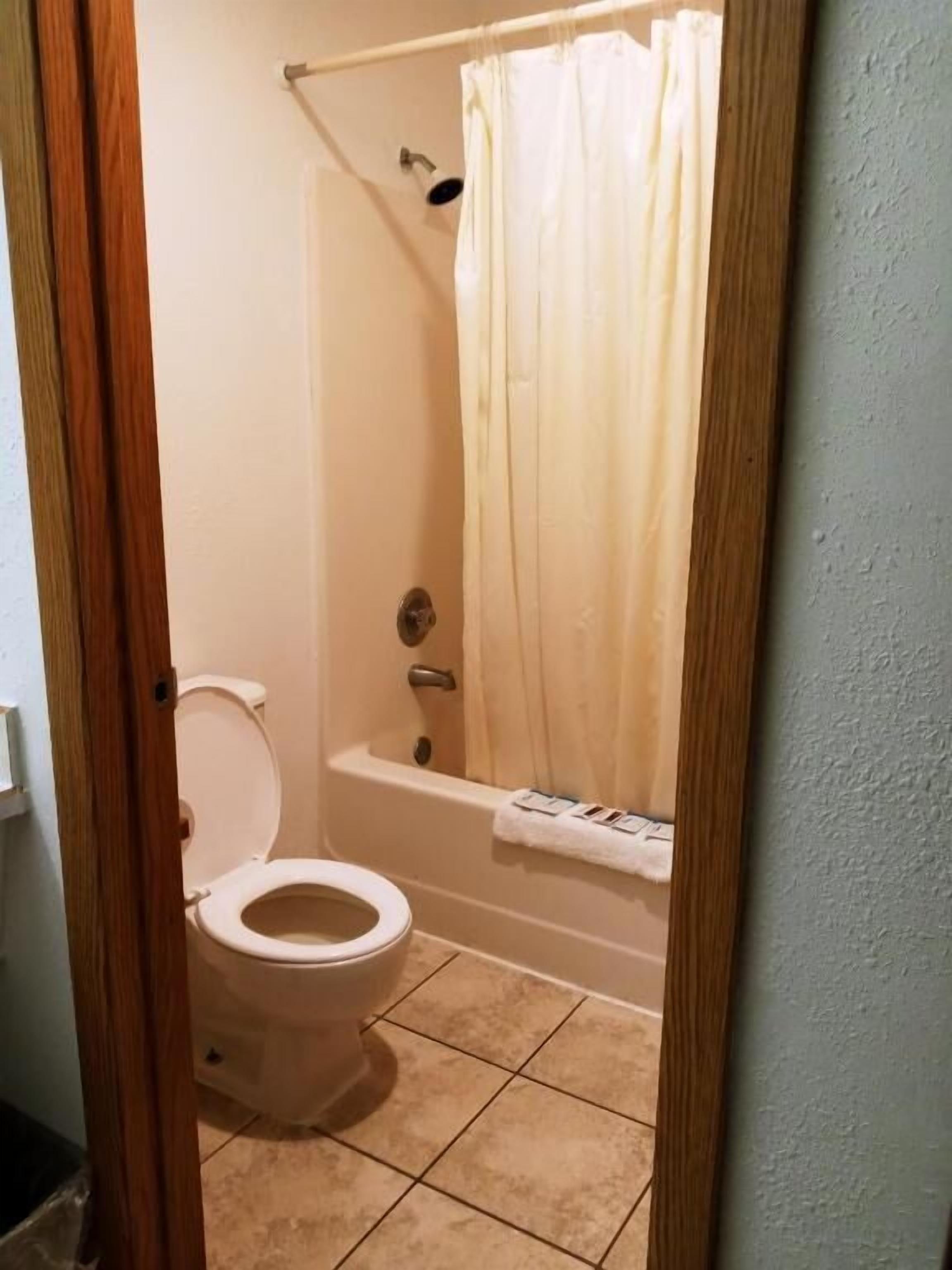 Ein Badezimmer mit Toilette, Badewanne und Duschvorhang.
