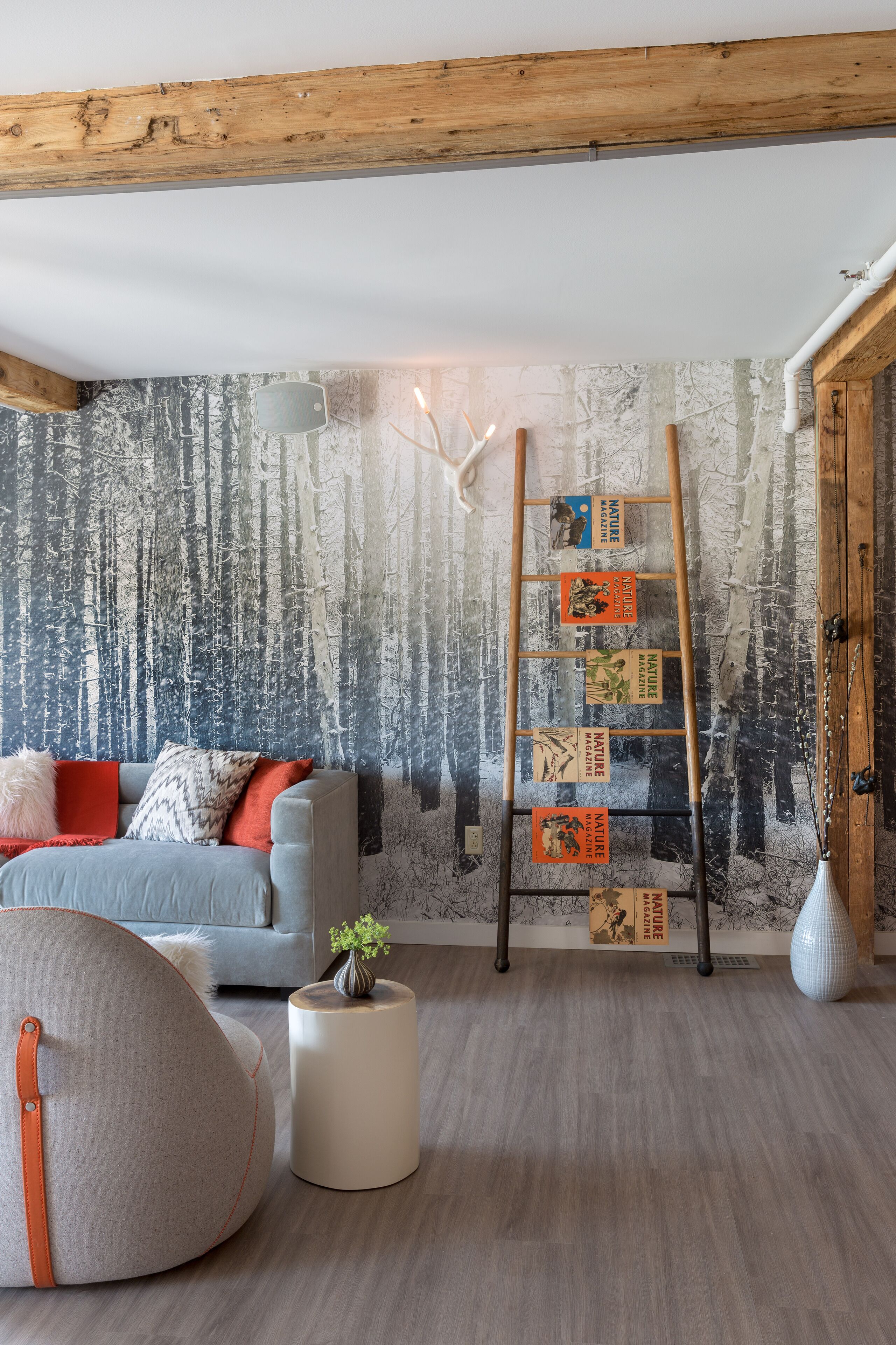 A cozy living room with a grey sofa, a wooden ladder, and a nature-themed wall mural.