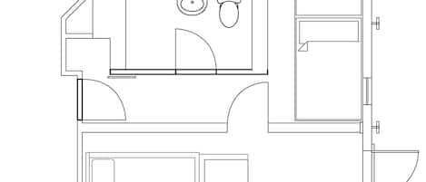 A floor plan with a bathroom, a kitchen, and two bedrooms.