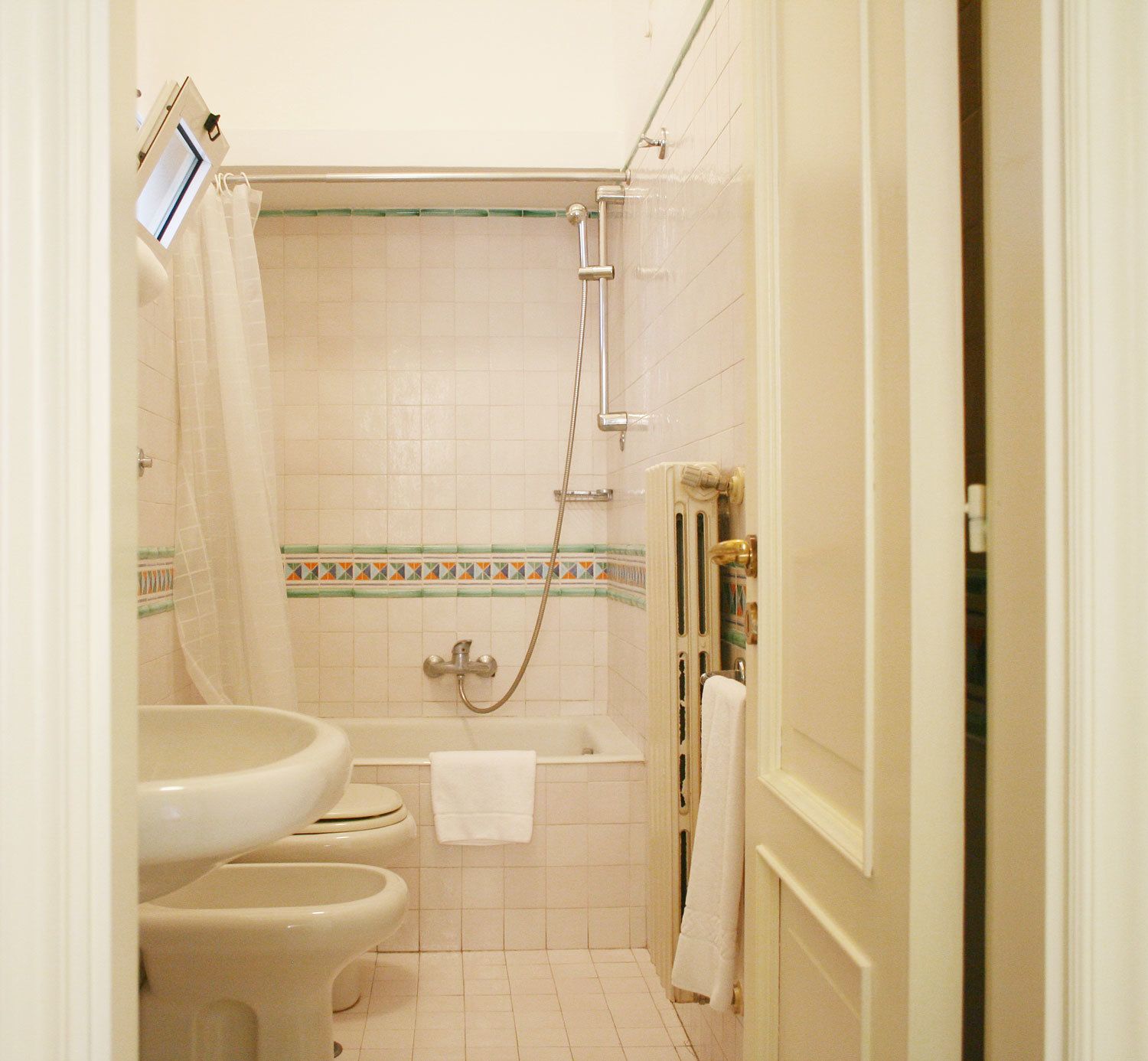 A bathroom with a toilet, bidet, and shower.
