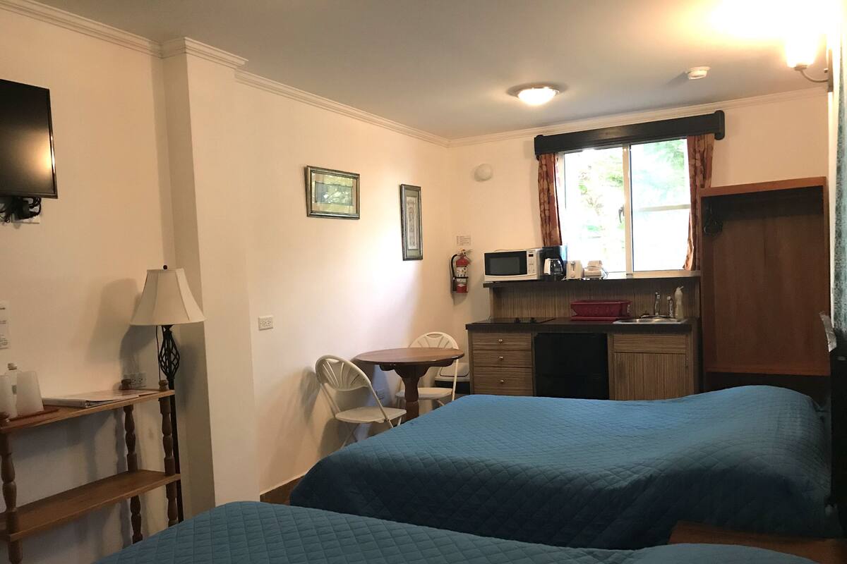 Ett hotellrum med två sängar, ett skrivbord med en stol, en tv, en mikrovågsugn och ett fönster med gardiner.