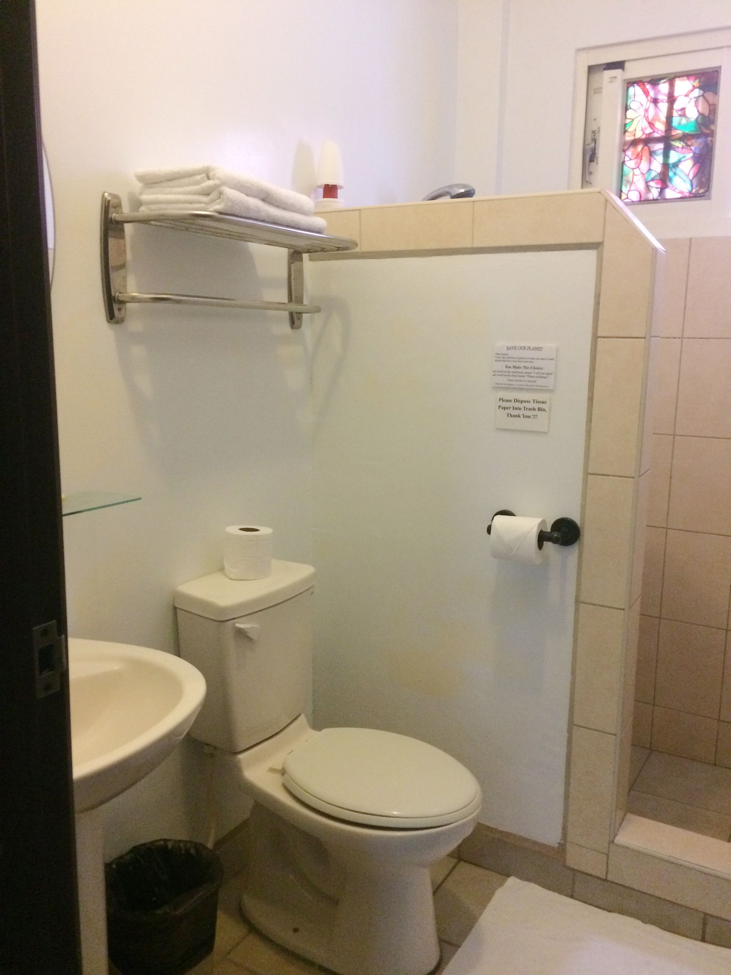 Un baño con inodoro, lavabo y perchero para toallas. Hay un cartel en la pared solicitando desechar los pañuelos de papel en el cubo de basura.