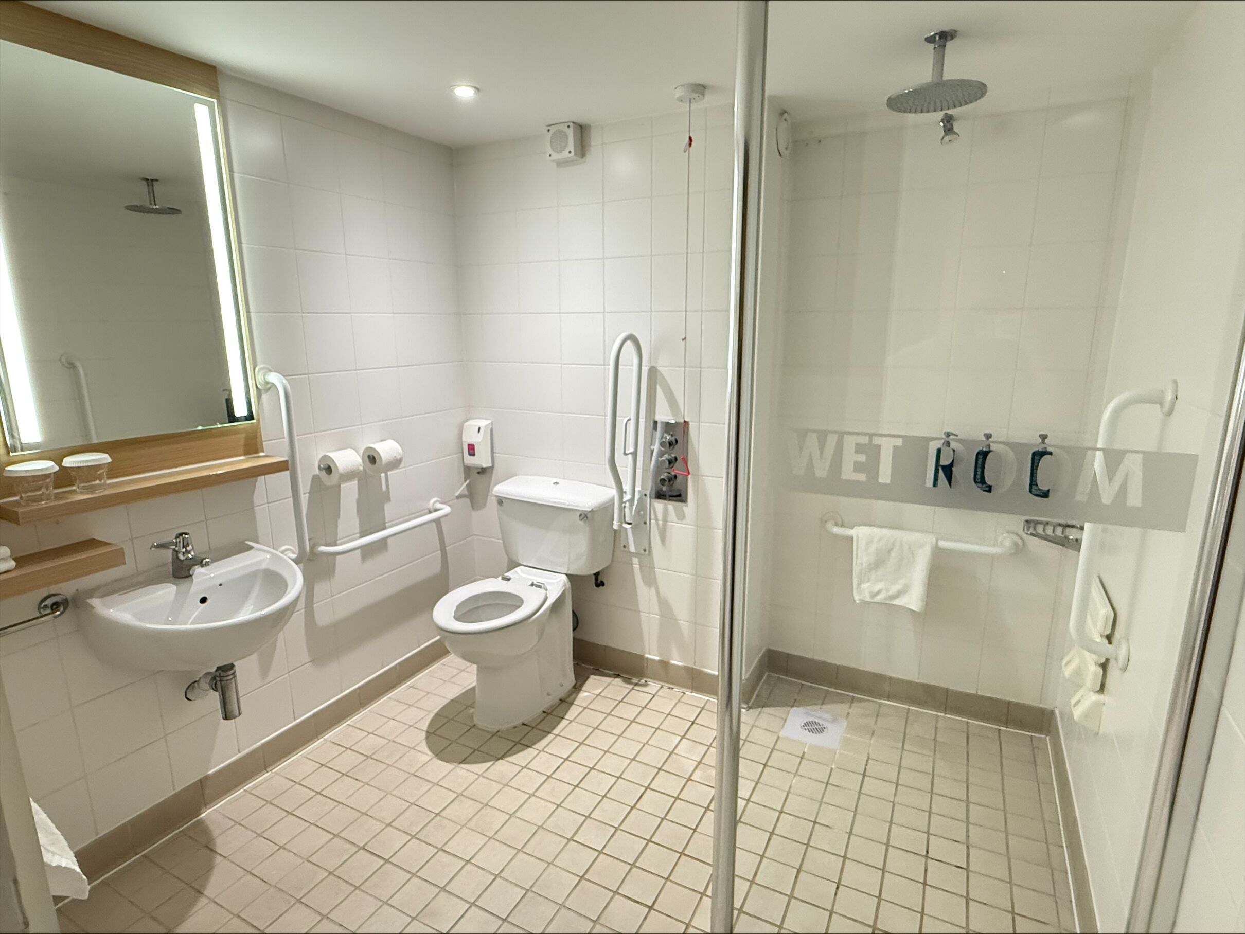 A modern bathroom with a shower, toilet, and sink.