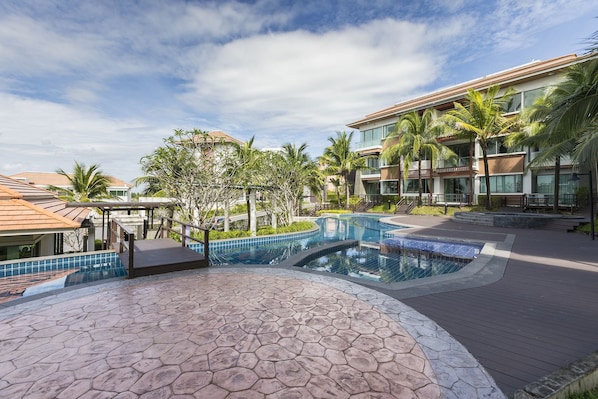 Outdoor pool, a waterfall pool