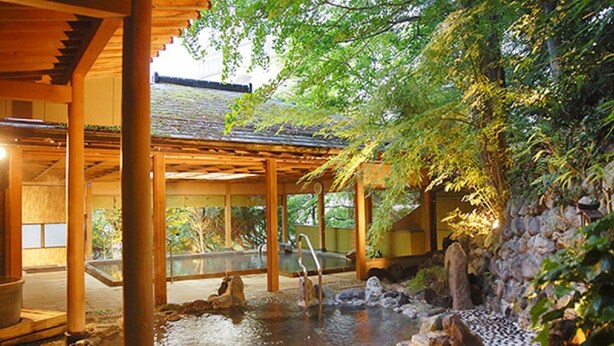 A traditional Japanese onsen with wooden structures, a stone wall, and a natural setting. - LiVEMAX RESORT KAWAJI (Nikko)