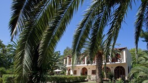 Un bâtiment à deux étages doté d’un jardin et de palmiers.