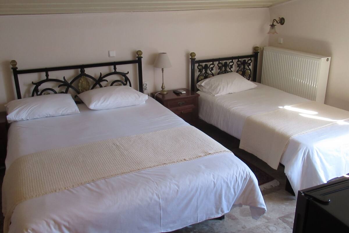 A room with two beds, a nightstand with a lamp, and a radiator.