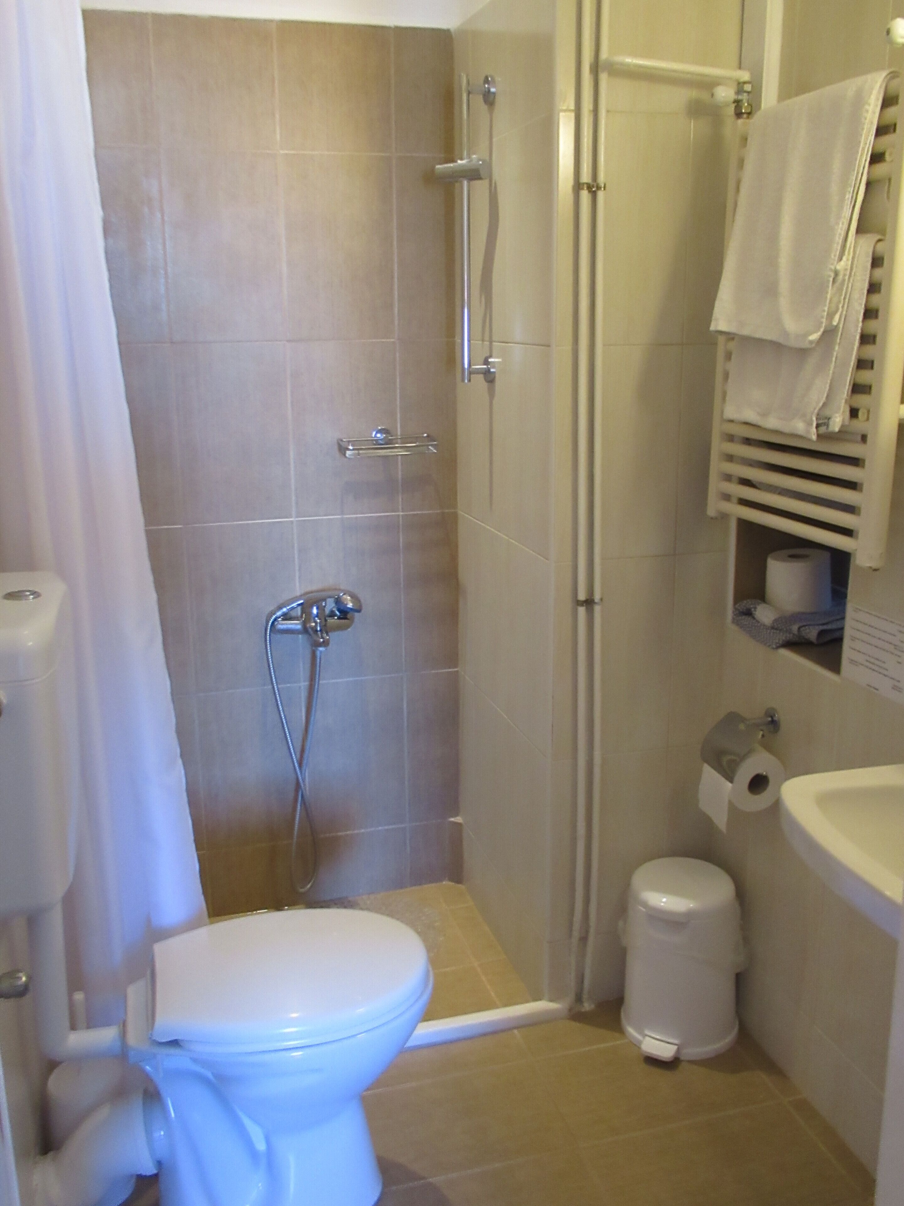 A small bathroom with a shower, toilet, and sink.