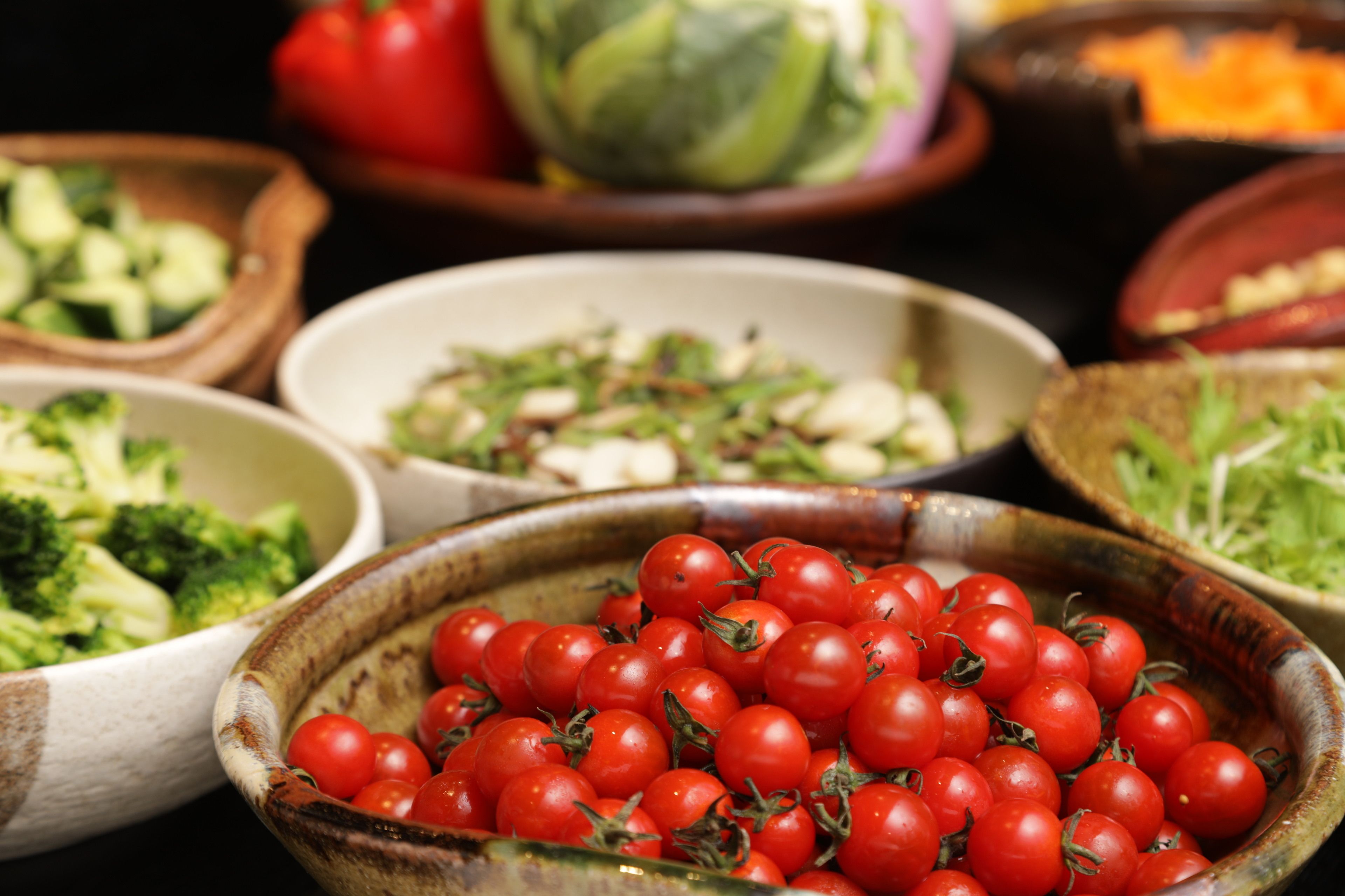 A variety of fresh vegetables in bowls, including tomatoes, broccoli, and lettuce.