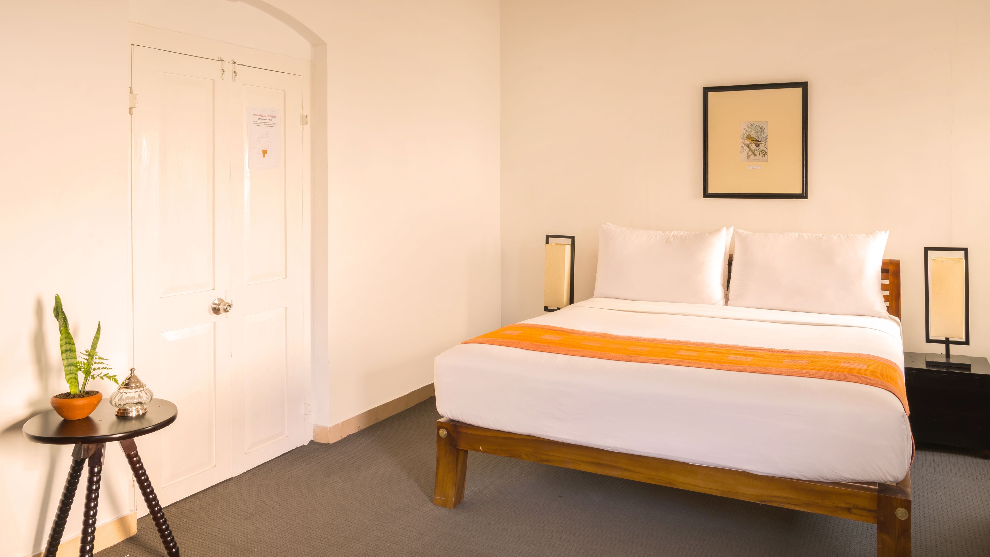 Habitación de hotel con cama, lámparas de noche, una mesita con una planta y una puerta con un aviso.