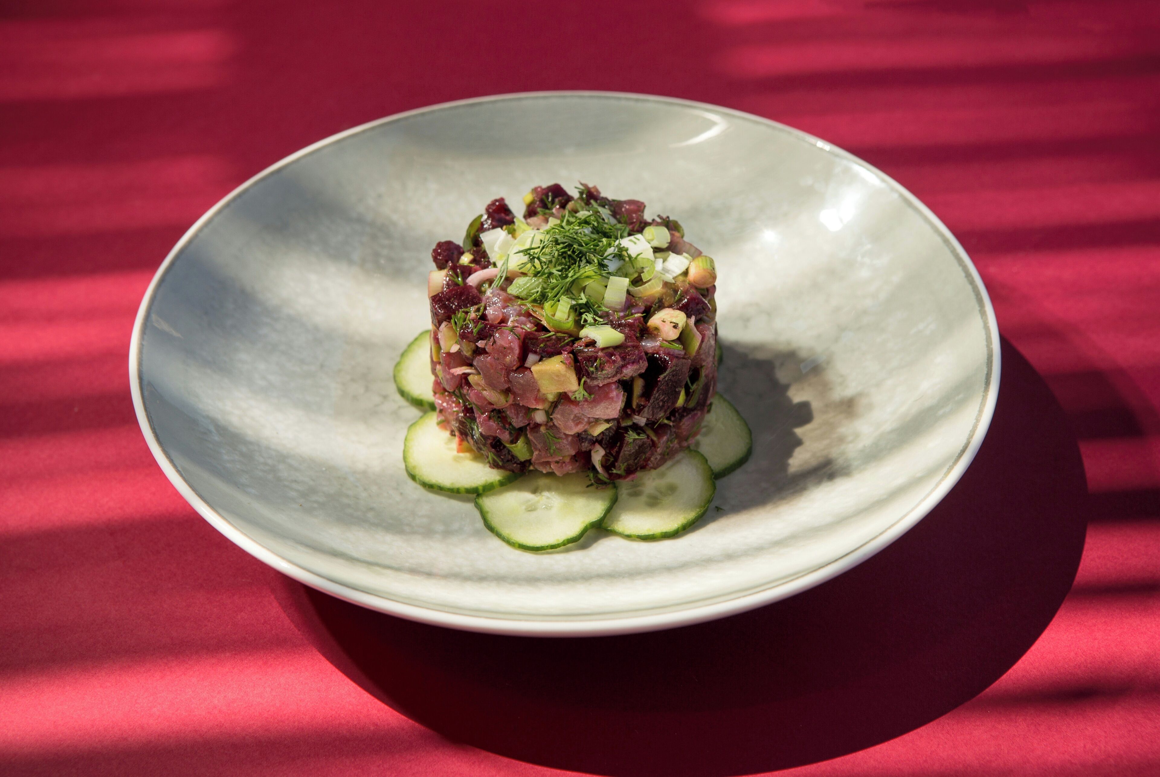 Un plato blanco con rodajas de pepino alrededor.