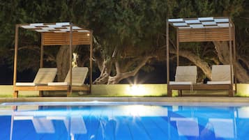 Outdoor pool, pool umbrellas, pool loungers